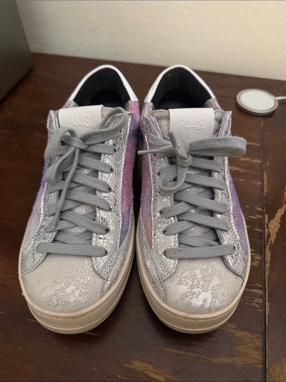 P448 Metallic Silver Low-Top Sneakers with Pink and Purple Panels